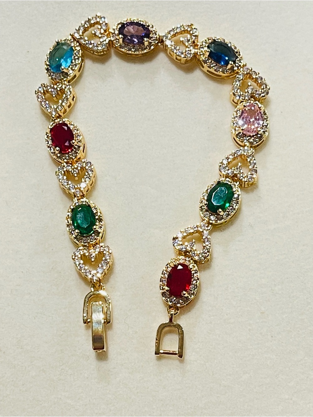 Gold Tone Multicolor Gemstone Heart Link Tennis Bracelet - Women Jewelry